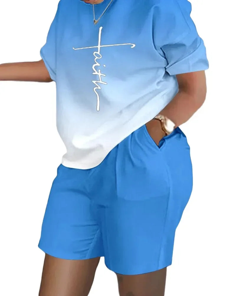 Women's Summer Letter Print T-Shirt & Shorts Set - Casual 2 Piece Outfit - TNH apparel