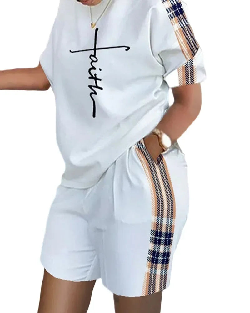 Women's Summer Letter Print T-Shirt & Shorts Set - Casual 2 Piece Outfit - TNH apparel