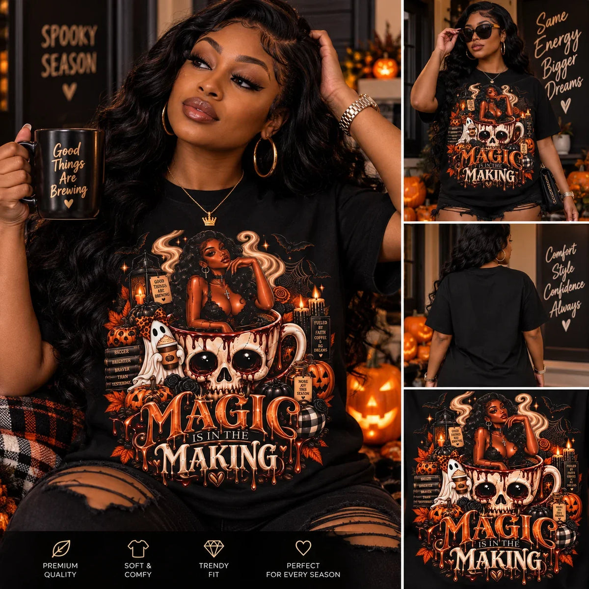 Unisex Garment-Dyed T-shirt in black featuring a detailed Halloween graphic with a woman, skull coffee mug, pumpkins, ghosts, and candles