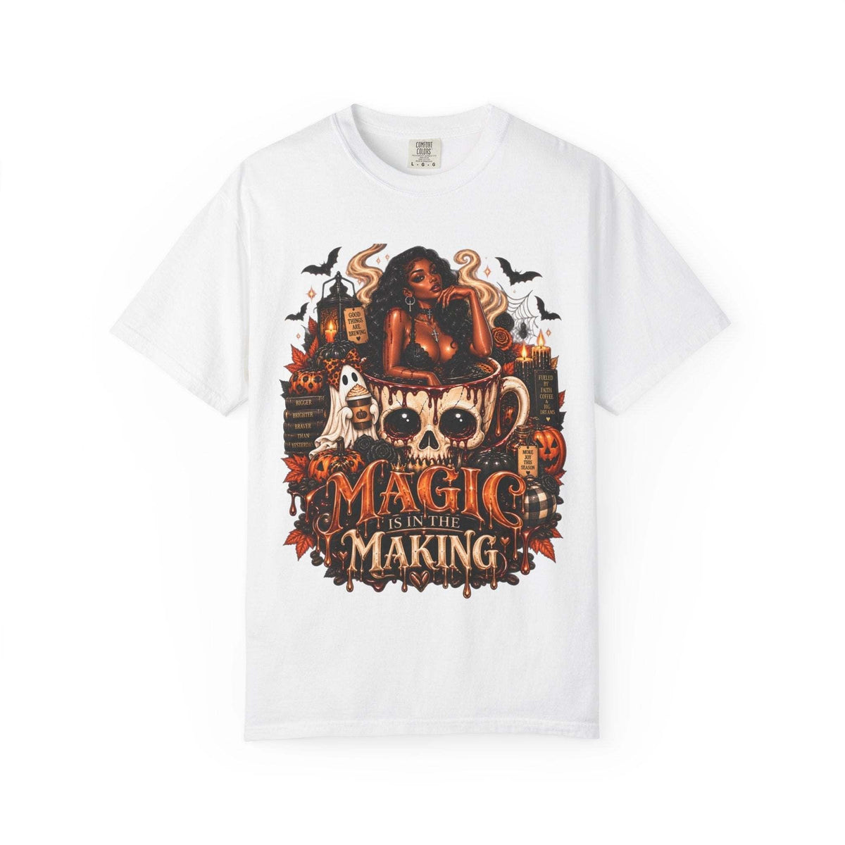 Unisex Garment-Dyed T-shirt in white with a detailed Halloween graphic featuring a woman, skull coffee mug, ghosts, bats, pumpkins, and candles