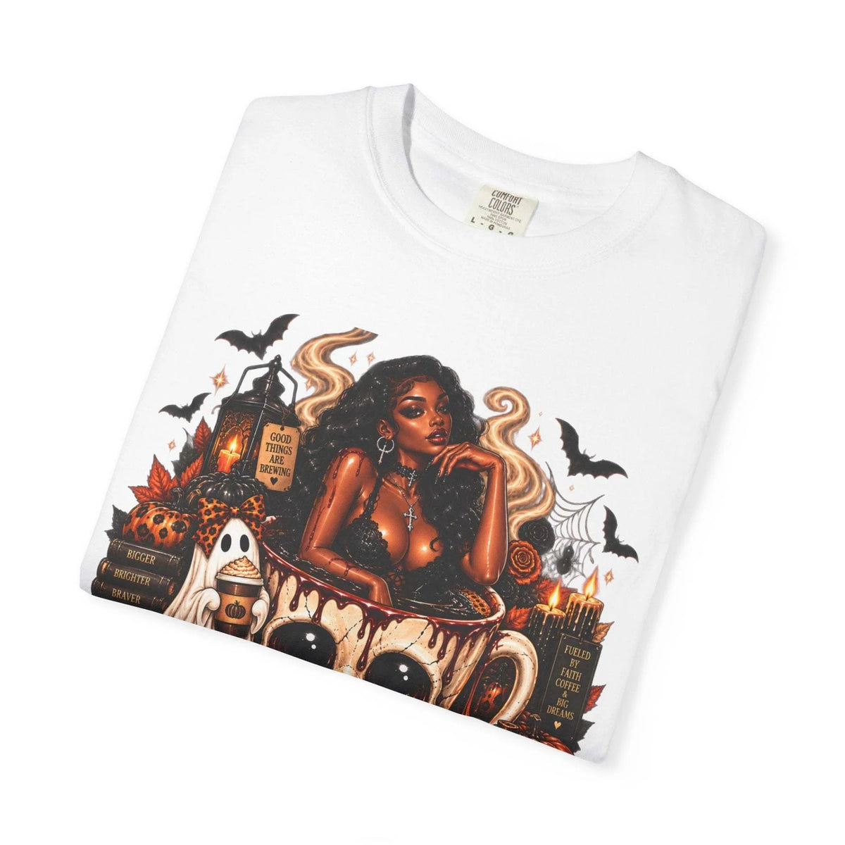 Unisex Garment-Dyed T-shirt in white featuring a detailed Halloween graphic with a witchy woman, skull coffee mug, ghosts, bats, and autumn elements