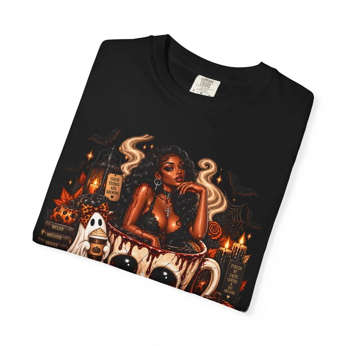 Unisex Garment-Dyed T-shirt in black with a Halloween graphic featuring a stylish woman, skull coffee mug, ghosts, pumpkins, and candles