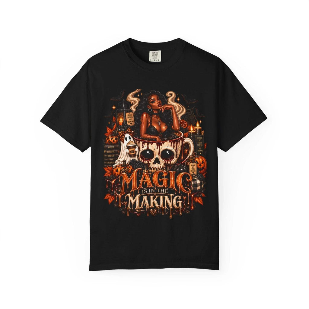 Unisex Garment-Dyed T-shirt in black with detailed Halloween graphic featuring a witchy woman, skull mug, ghosts, pumpkins, and candles