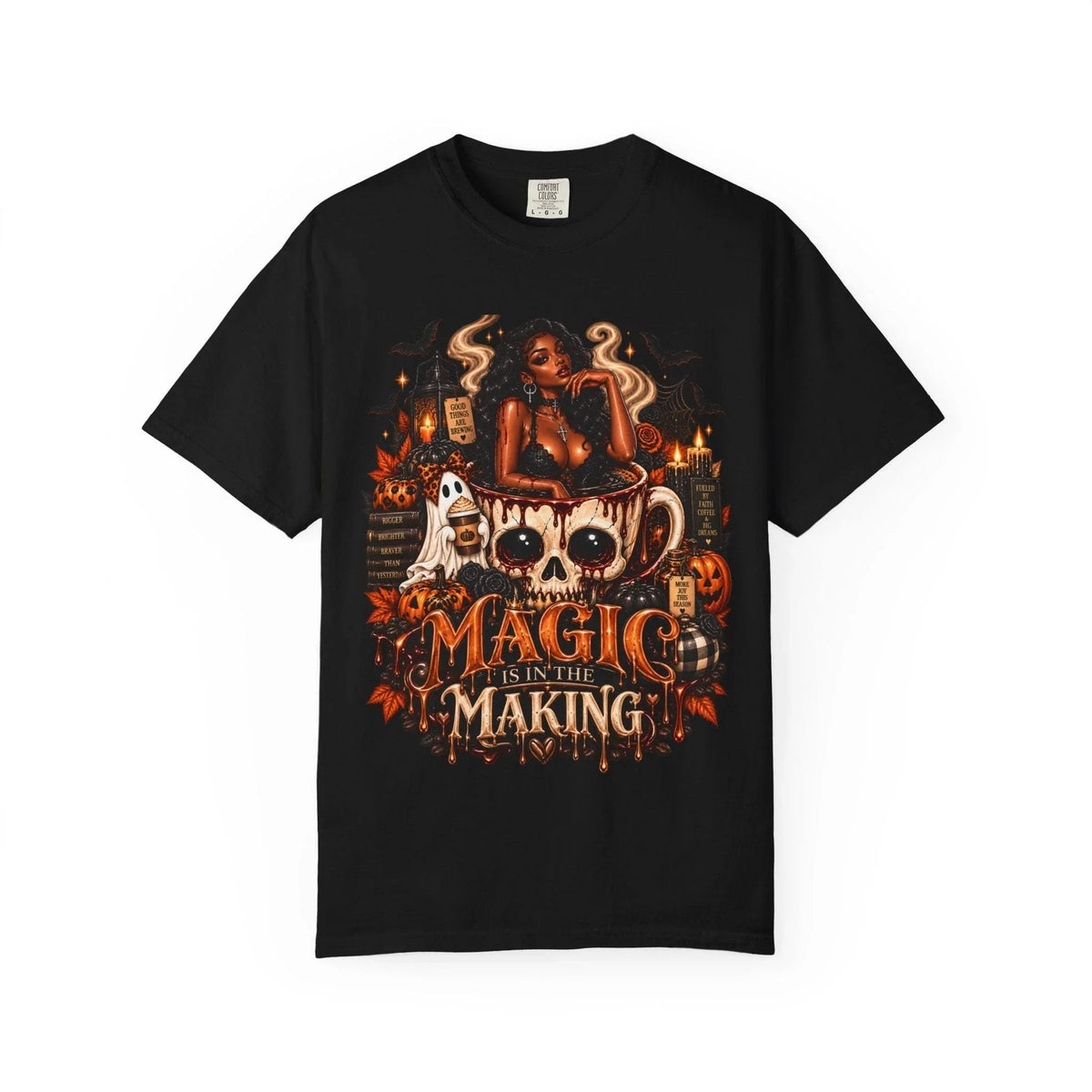 Unisex Garment-Dyed T-shirt in black with detailed Halloween graphic featuring a witchy woman, skull mug, ghosts, pumpkins, and candles