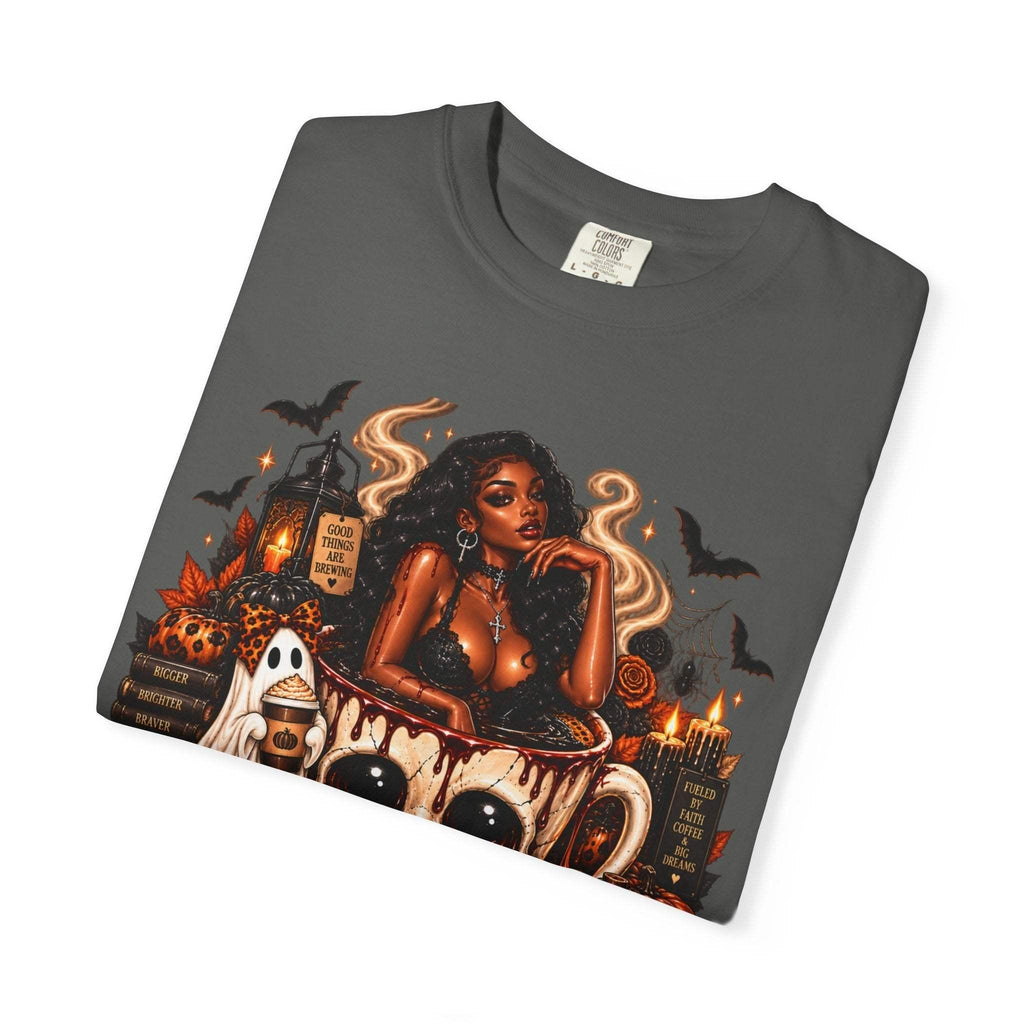 Unisex Garment-Dyed T-shirt in dark grey featuring a witchy skull and ghost Halloween graphic with candles, bats, and fall elements